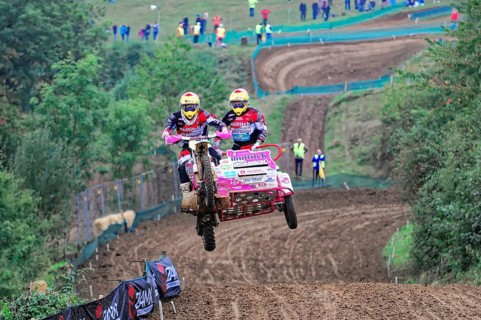 Motocross, Rudersberg, Baden-Württemberg, Germany, Europe, motocross team with sidecar takes off
