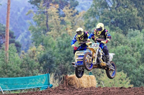 Motocross, Rudersberg, Baden-Württemberg, Germany, Europe, Motocross duo with sidecar jumps into