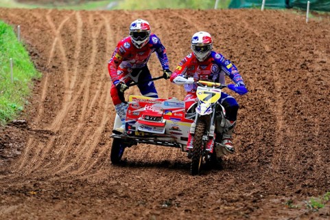 Motocross, Rudersberg, Baden-Württemberg, Germany, Europe, Two riders navigate a sidecar motorbike