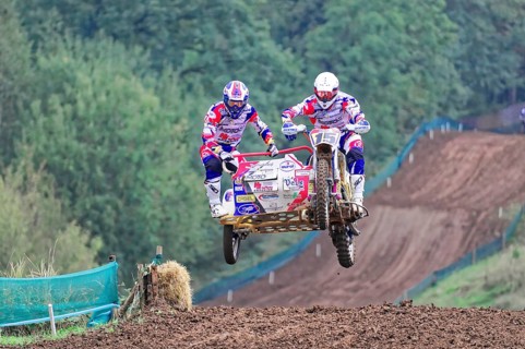 Motocross, Rudersberg, Baden-Württemberg, Germany, Europe, Two motocross riders with sidecars jump