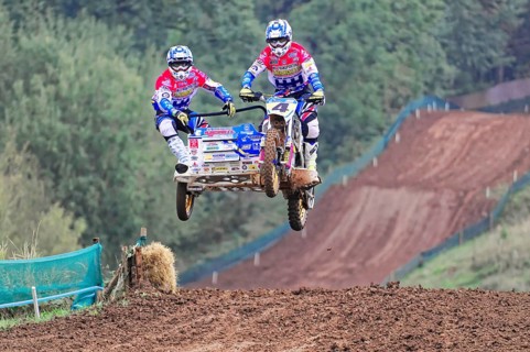 Motocross, Rudersberg, Baden-Württemberg, Germany, Europe, Motocross team with sidecar jumps over a