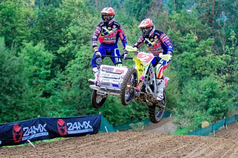 Motocross, Rudersberg, Baden-Württemberg, Germany, Europe, Two riders on a sidecar motorbike jump