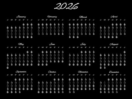 Lunar Phases Calendar, Full Year 2026 Daily Moon Phases On Black