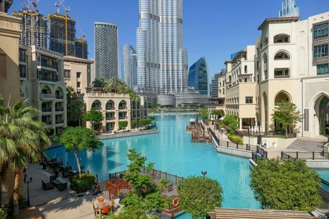 Scenery with Burj Khalifa building around the Burj Khalifa park in Dubai, the most populous city in