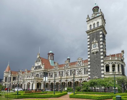 The Dunedin Railway Station in Dunedin, a city at the South Island of New Zealand