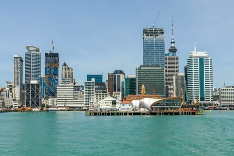 Skyline of Auckland, a large city in the North Island of New Zealand