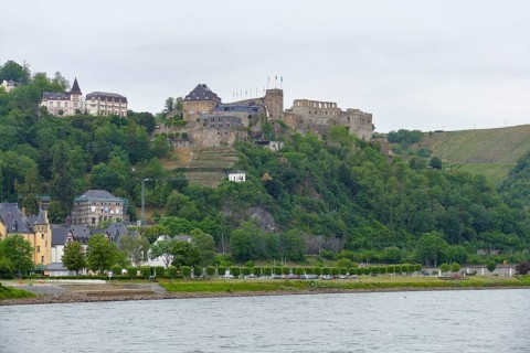 Riparian scenery around Rheinfels castle at the Middle Rhine in Germany
