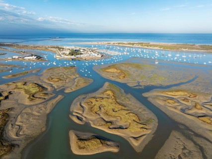 Network of channels and streams at low tide and the fishing village of Sancti Petri at the Atlantic