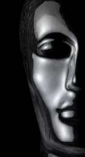 Translucent reflective human head made of glass in black back