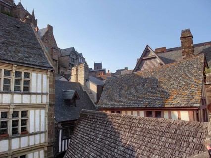 Detail of the Mont Saint Michel Abbey in Lower Normandy France at evening time