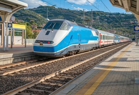 Train at a railway station in Oneglia, a former town in northern Italy on the Ligurian coast, in