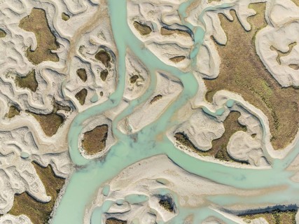 Network of channels and streams at low tide. In the marshland of the Bahía de Cádiz Nature Reserve.