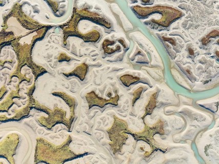 Network of channels and streams at low tide. In the marshland of the Bahía de Cádiz Nature Reserve.
