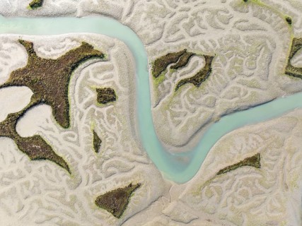 Network of channels and streams at low tide. In the marshland of the Bahía de Cádiz Nature Reserve.