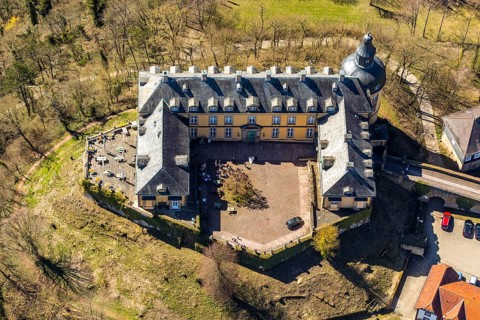 Aerial view, Altwildungen with Friedrichstein Castle in Bad Wildungen in Hesse. Bad Wildungen, spa