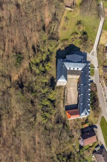 Aerial view, Rhoden in Diemelsee in Hesse, historic town centre with Rhoden Castle, transitional
