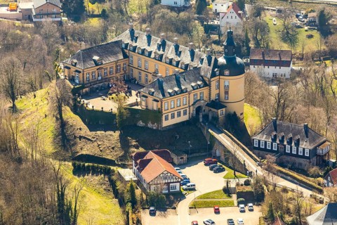 Aerial view, Altwildungen with Friedrichstein Castle in Bad Wildungen in Hesse. Bad Wildungen, spa