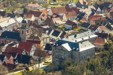 Aerial view, Rhoden in Diemelsee in Hesse, historic town centre with Rhoden Castle, transitional