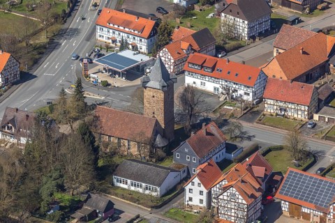 Aerial view, Protestant church Affoldern in Edertal, Bruchstein church, district