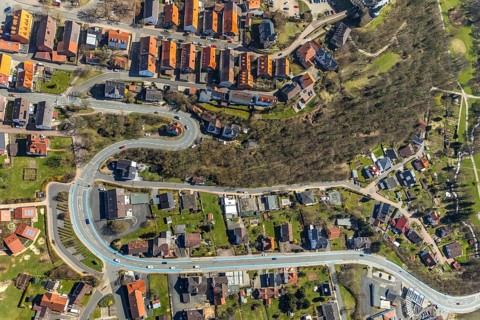 Aerial view, Altwildungen with hairpin bends on the municipal road Friedrich-Ebert-Straße,