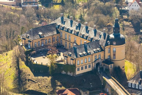 Aerial view, Altwildungen with Friedrichstein Castle in Bad Wildungen in Hesse. Bad Wildungen, spa