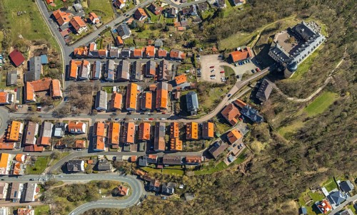 Aerial view, Altwildungen with Friedrichstein Castle in Bad Wildungen in Hesse. Bad Wildungen, spa