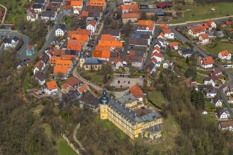 Aerial view, Altwildungen with Friedrichstein Castle in Bad Wildungen in Hesse. Bad Wildungen, spa