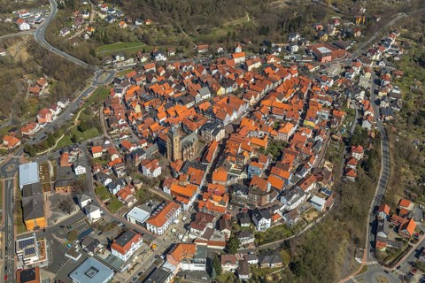Aerial view, town centre of Wildungen with Protestant church on the town hill, in Bad Wildungen in