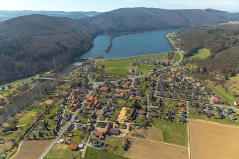 Aerial view, Affolderner See and village Affoldern in Edertal, district Waldeck-Frankenberg in