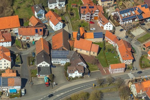 Aerial view, Giflitz in Edertal with village church, district Waldeck-Frankenberg in North Hesse,