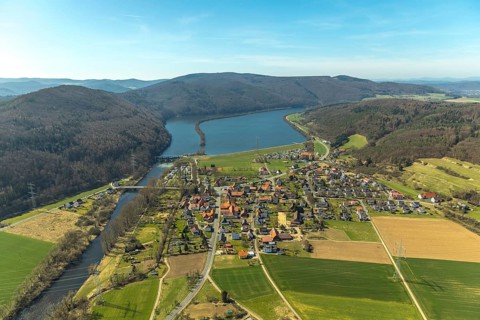 Aerial view, Affolderner See and village Affoldern in Edertal, district Waldeck-Frankenberg in
