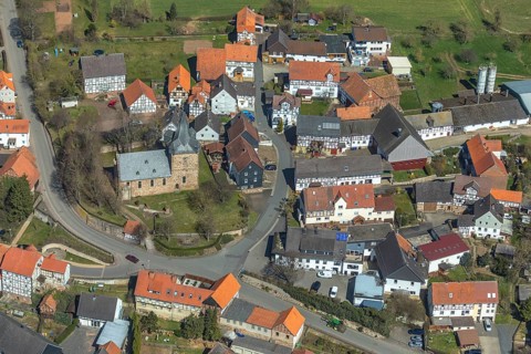 Aerial view, Bergheim church in Edertal, Waldeck-Frankenberg district in North Hesse, Hesse,
