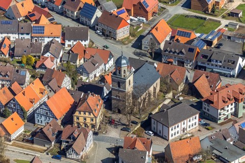 Aerial view, Rhoden in Diemelsee in Hesse, historical town centre, Protestant town church Rhoden.