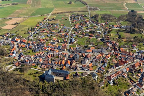 Aerial view, Rhoden in Diemelsee in Hesse, historic town centre with Rhoden Castle, transitional