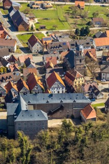 Aerial view, Rhoden in Diemelsee in Hesse, historic town centre with Rhoden Castle, transitional