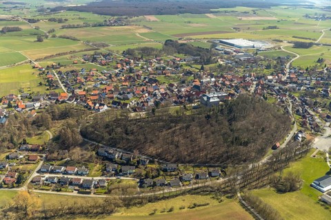 Aerial view, Rhoden in Diemelsee in Hesse, historic town centre with Rhoden Castle, transitional
