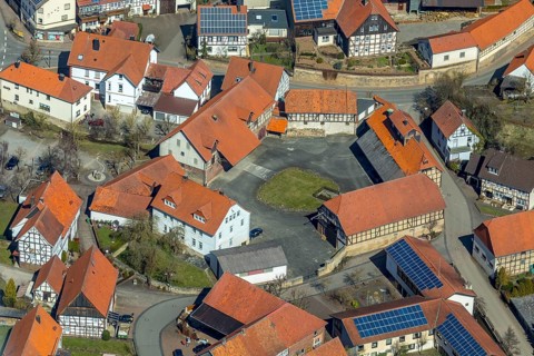 Aerial view, Adorf in Diemelsee in Hesse, town centre with courtyard domain, Romanesque basilica St