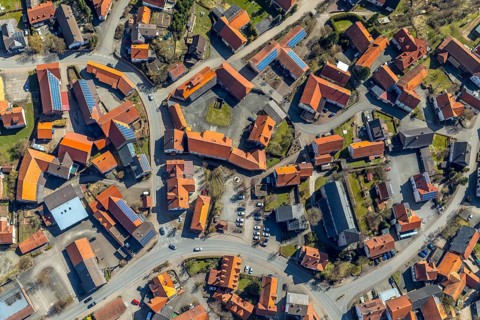 Aerial view, Adorf in Diemelsee in Hesse, town centre with courtyard domain, Romanesque basilica St