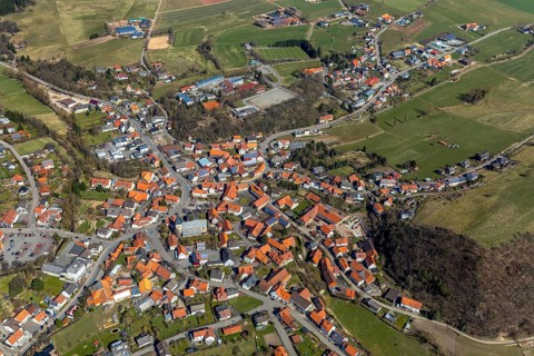 Aerial view, Adorf in Diemelsee in Hesse, town centre with courtyard domain, Romanesque basilica St