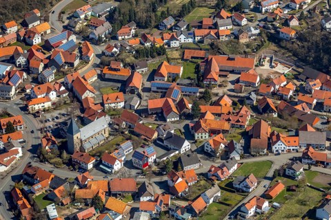 Aerial view, Adorf in Diemelsee in Hesse, town centre with courtyard domain, Romanesque basilica St