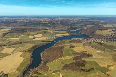 Aerial view, Heringhausen with reservoir, dam wall, hydroelectric power station and equalising