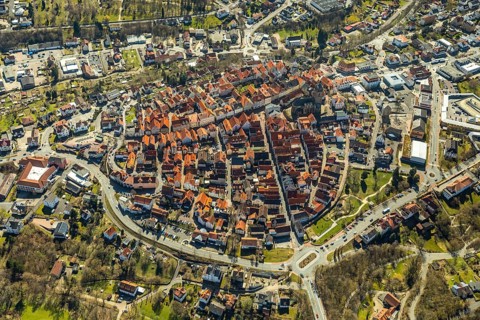 Aerial view, town centre of Wildungen with Protestant church on the town hill, in Bad Wildungen in