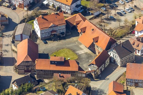Aerial view, Adorf in Diemelsee in Hesse, town centre with courtyard domain, Romanesque basilica St
