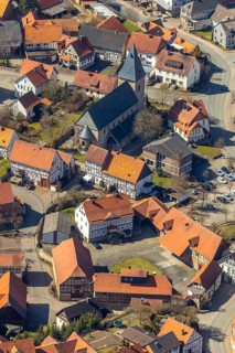 Aerial view, Adorf in Diemelsee in Hesse, town centre with courtyard domain, Romanesque basilica St
