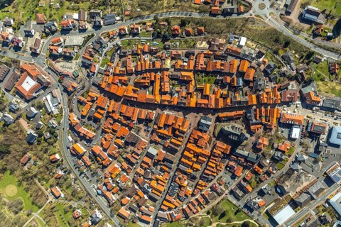 Aerial view, town centre of Wildungen with Protestant church on the town hill, in Bad Wildungen in