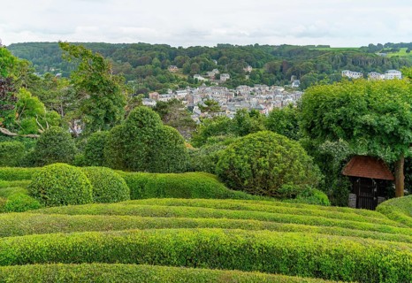 Idyllic garden scenery with green trees, bushes and hedges at summer time seen around Etretat in