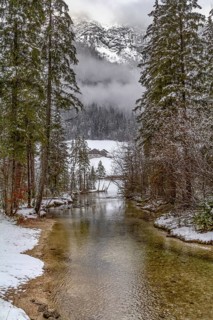 Scenery around a lake named Hintersee in Bavaria at winter time