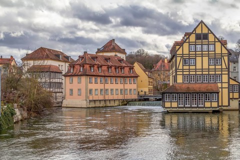 Idyllic riverside scenery in Bamberg, a town in Upper Franconia, Germany
