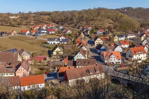 Aerial scenery around Kirchberg an der Jagst in Southern Germany at early spring time