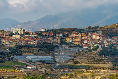 High angle view showing settlement around Bussana Vecchia, a former ghost town of the Liguria